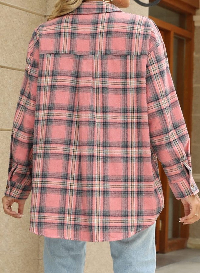 CHYRII Womens Button Down Flannel Shirts Long Sleeve Plaid Shacket Business Casual Blouse Topss Pink -7122 XL - Image 5